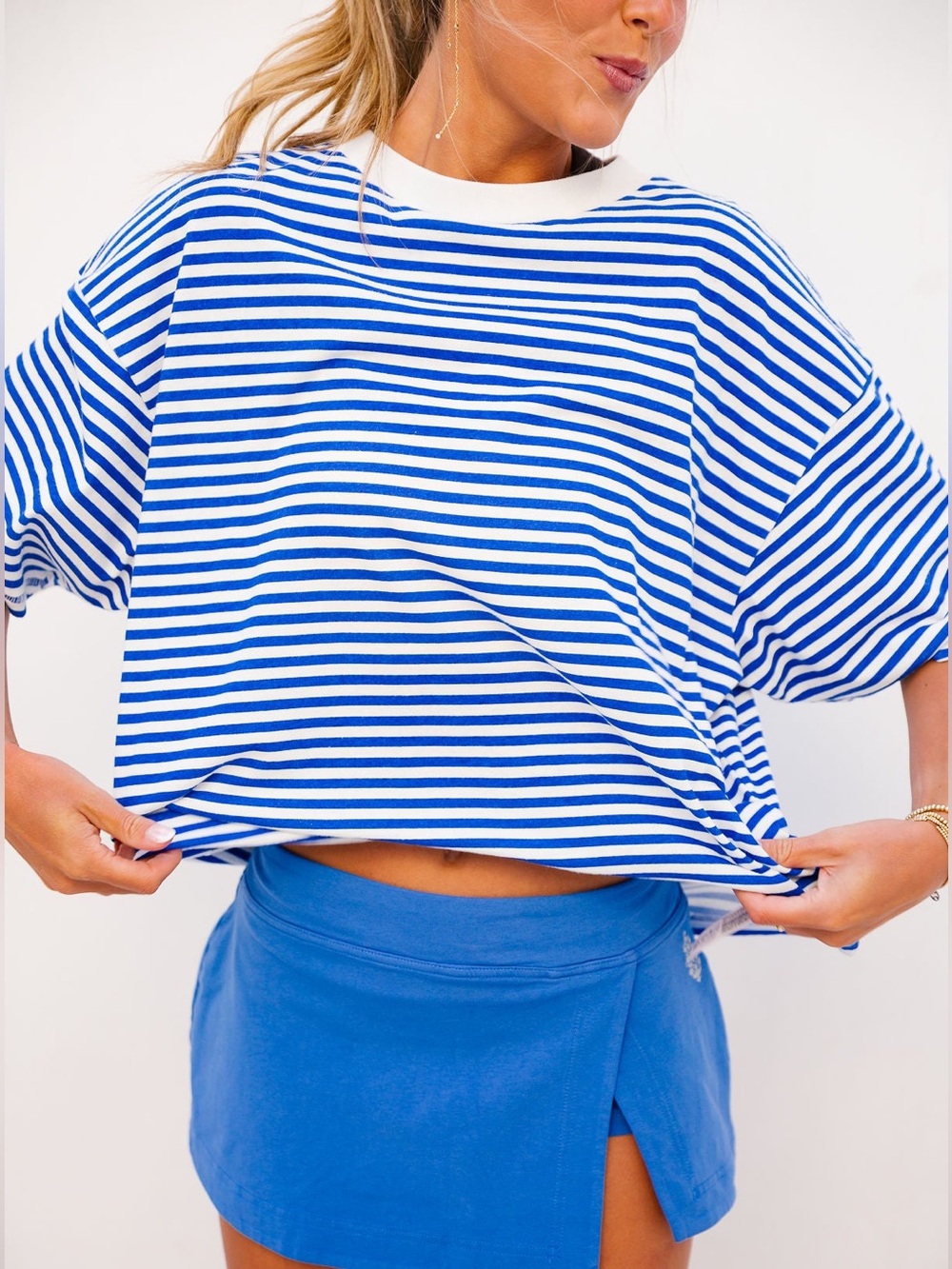NWT Free People x FP Movement Tackle Tee in Electric Blue & White Stripes